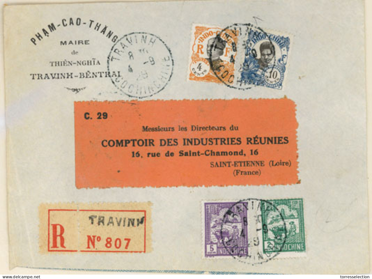 INDOCHINA. 1929. Travinh To France. Registered 4 Color Frkd Env. VF. - Autres - Asie