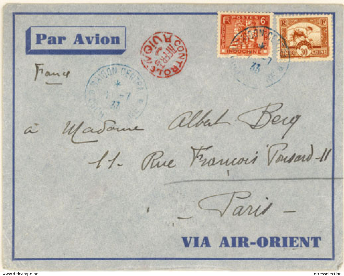 INDOCHINA. 1933. Saigon (blue) To France. Airmail/Red "Controle" Mail Frkg/Franked Env. - Autres - Asie