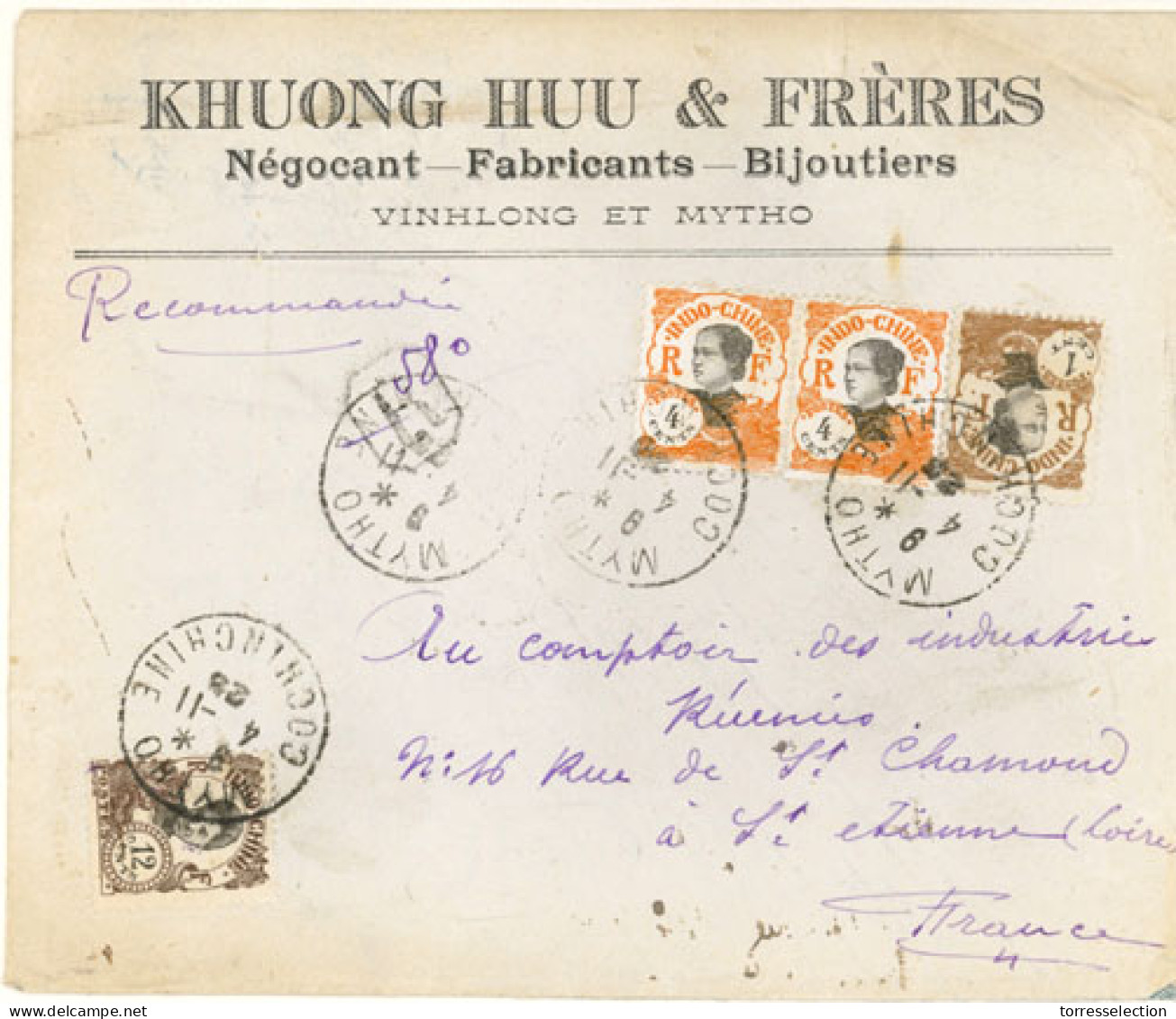 INDOCHINA. 1928. Mytho To France. Registered Multicolor Franked Env. VF. - Autres - Asie