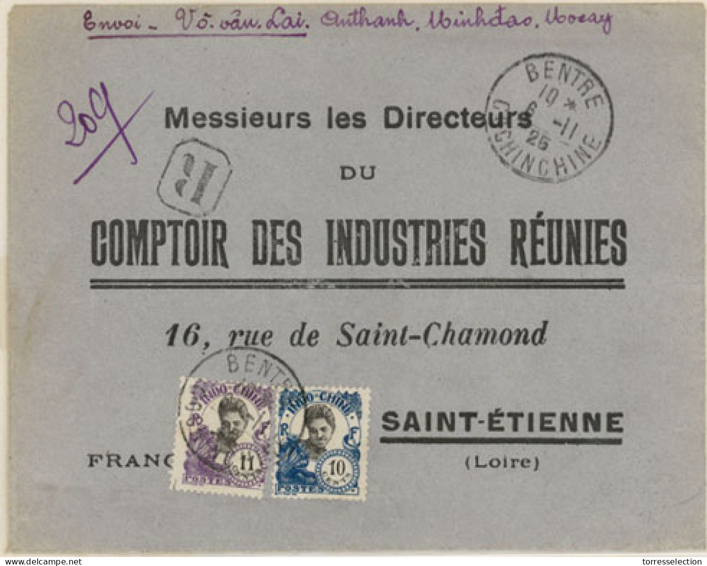 INDOCHINA. 1925. Bentre To France. Registered Frkd Env. VF. - Autres - Asie