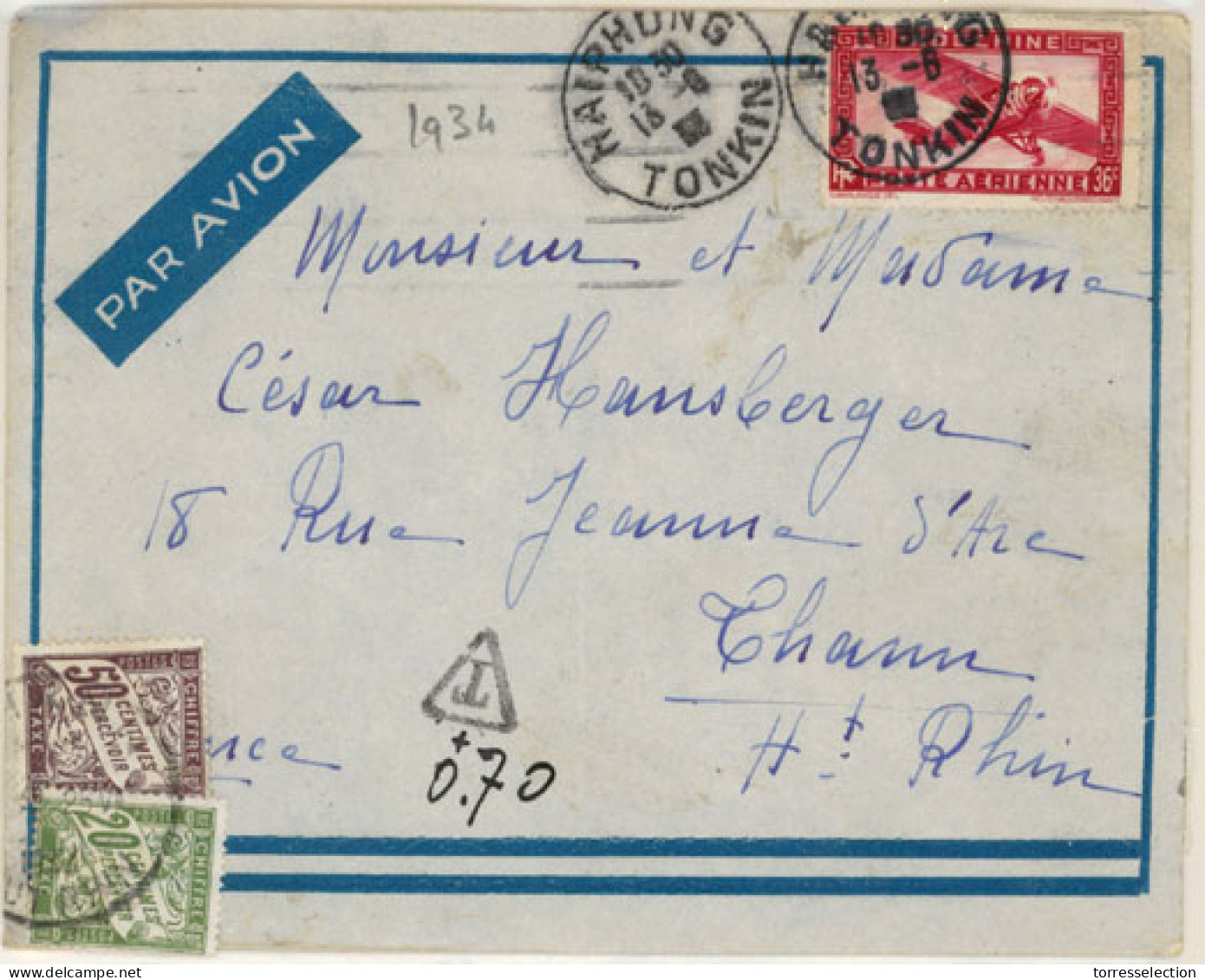 INDOCHINA. 1934. Haiphong To France. Airnail Franked Taxed Envelope. French Postage Dues/tied. VF. - Asia (Other)