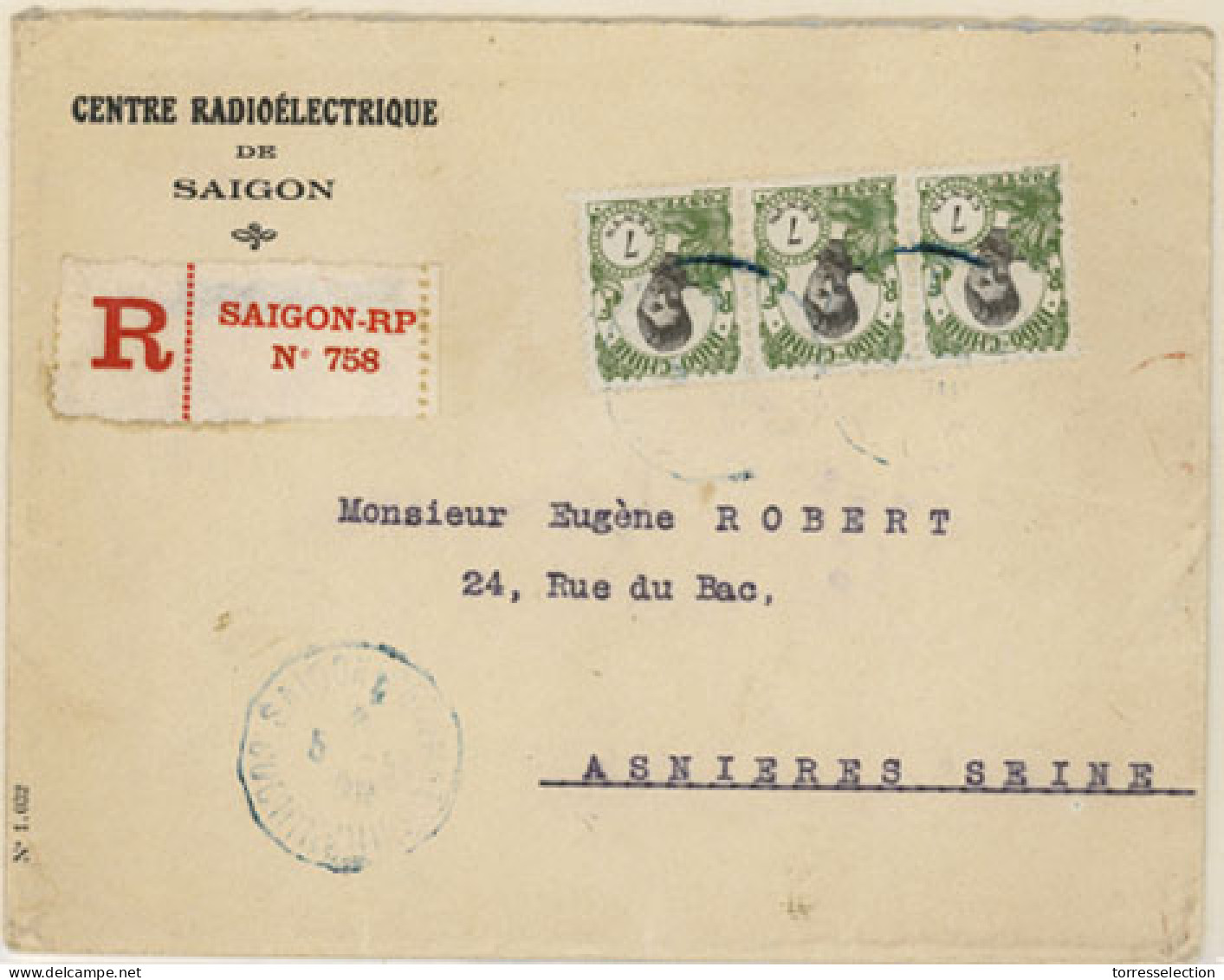 INDOCHINA. 1928. Saigon To France. Registered (3 Stamps) Franked Envelope. Fine. - Asia (Other)