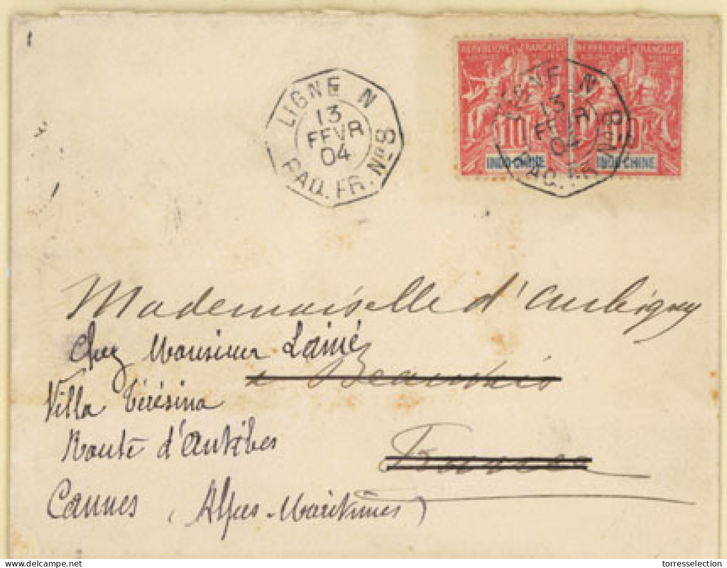 INDOCHINA. FRENCH INDO CHINA. 1904(Feb 13th). Cover To France Franked By Pair Of 1900 10c Red Tied By Octagonal French P - Asia (Other)