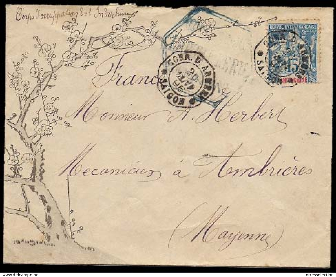 INDOCHINA. FRENCH INDO CHINA. 1896(Jan 26th). Attractive Illustrated Envelope Used To France Franked By 1892 15c Blue On - Asia (Other)
