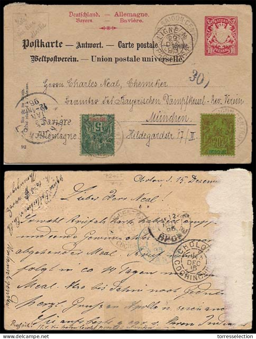 INDOCHINA. FRENCH INDO CHINA. 1895(Dec 28th). Bavarian 10pf Red Postal Stationery Card, Reply Half Used Back From Saigon - Asia (Other)