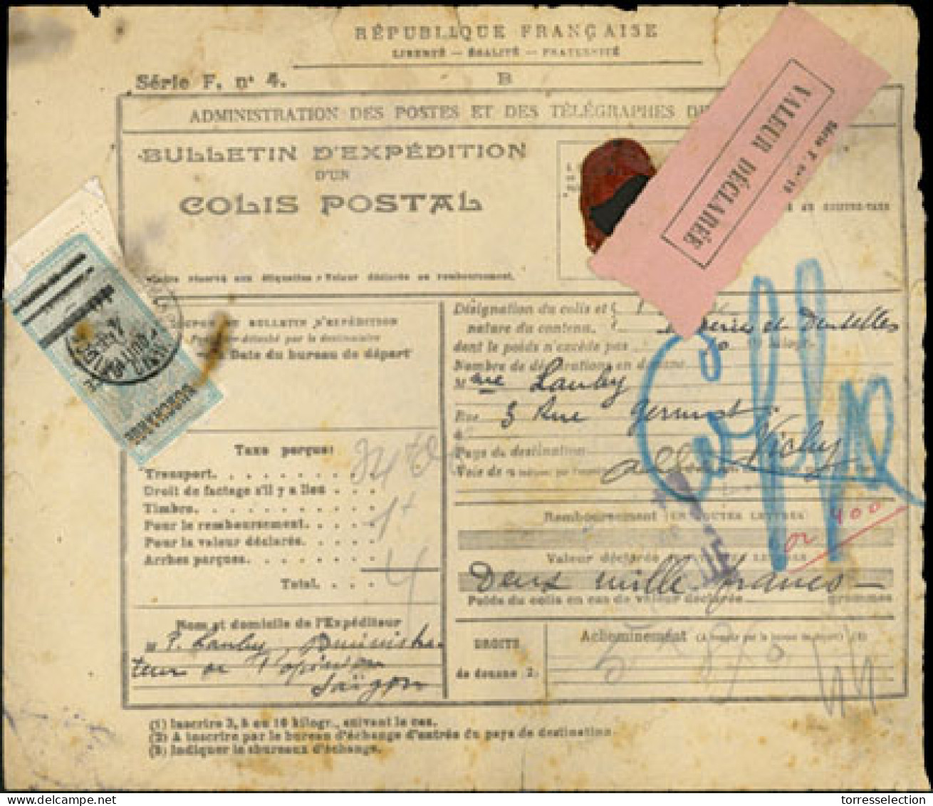 INDOCHINA. 1920. Postal Packet/Colis Postaux Receipt. Saigon To Vichy/France, With Rose Label "Valeur Declaree" And Coch - Asia (Other)