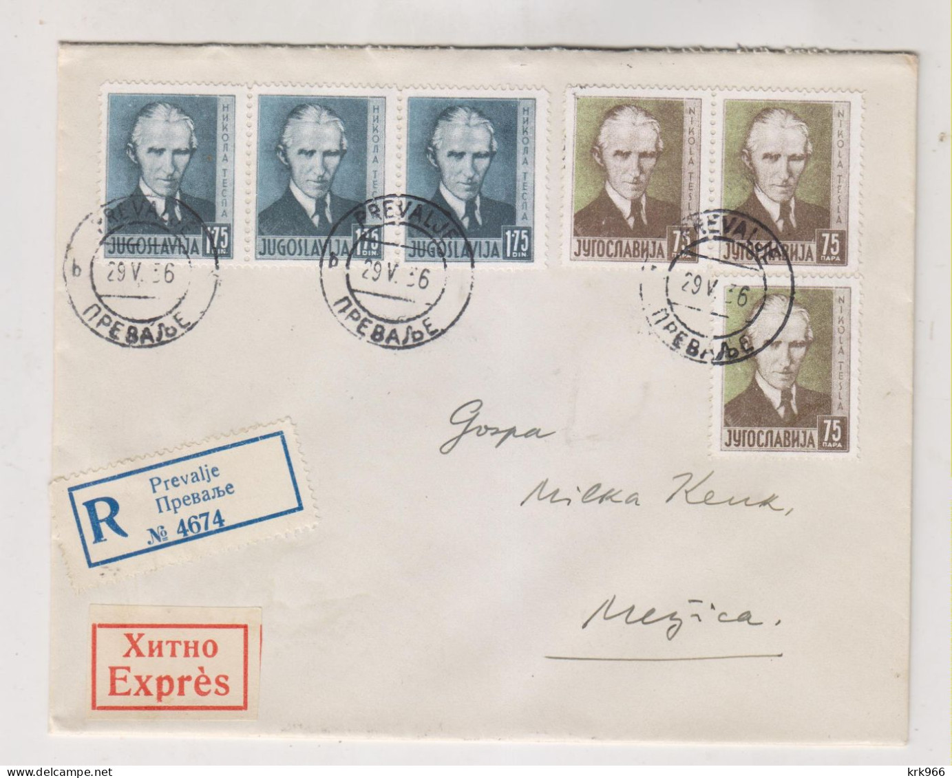 YUGOSLAVIA 1936 PREVALJE Registered  Priority Cover To MEZICA NIKOLA TESLA - Lettres & Documents