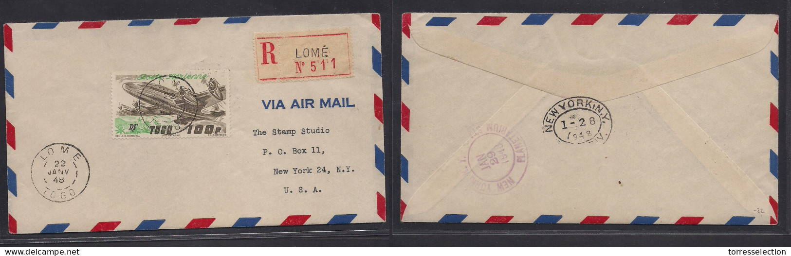 FRC - Togo. 1948 (22 Jan) Lome - USA, NYC (28 Jan) Registered Air Single 100 Fr Fkd Env. Scarce On Cover. - Autres & Non Classés