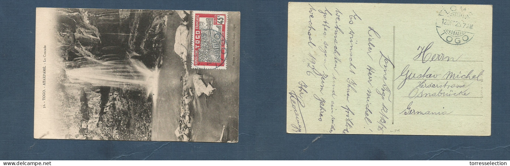 FRC - Togo. 1925 (12 Dec) Lome - Germany, Osnabruck. Revers Single 45c Fkd Photo Ppc. Cascade, Atakpame. - Otros & Sin Clasificación