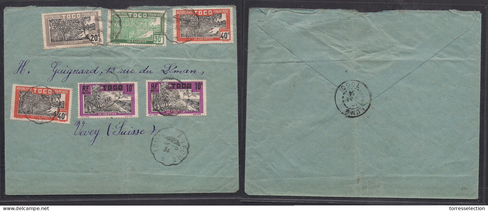 FRC - Togo. 1934 (12 May) Lome - Switzerland, Vevey. Multifkd Env, TPO Lome Acecho Ds Cancels. Fine. - Other & Unclassified