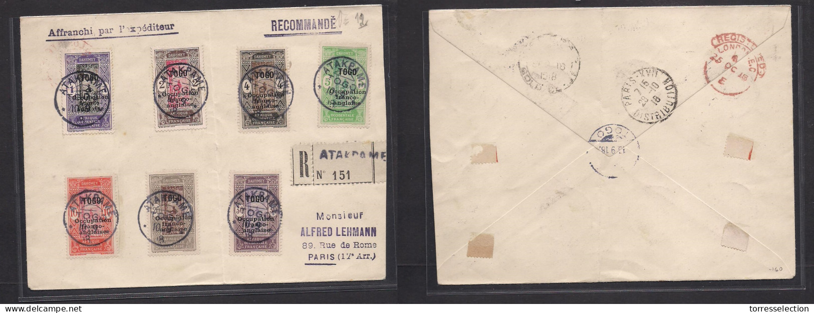 FRC - Togo. 1918 (10 Sept) Anglo French Occup. Atakpame - France, Paris (28 Oct) Registered Multifkd Env. Fine Used. - Andere & Zonder Classificatie