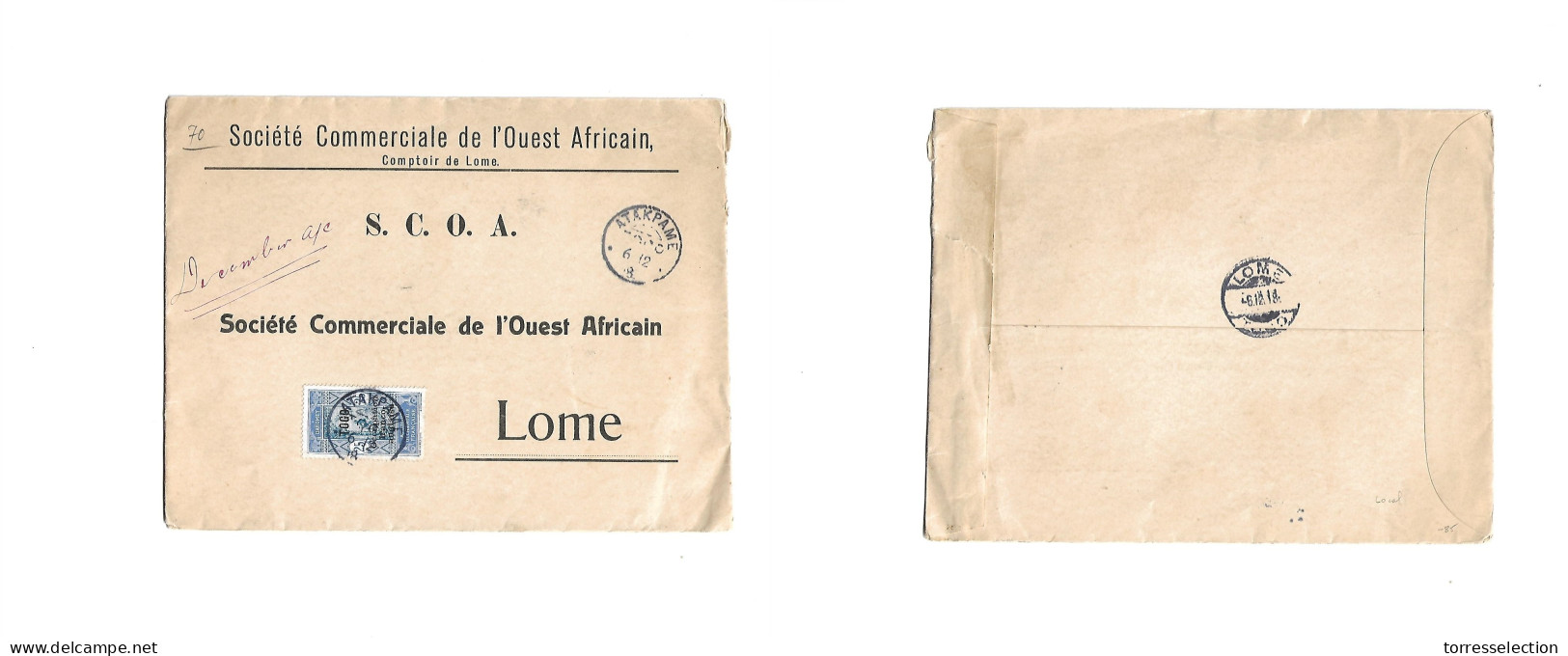FRC - Togo. 1918 (6 Dec) La Atakpame - Lome. Local Ayto French Ovptd. Dahomey Issue Tied Cds French PO. Local Usage + Ar - Sonstige & Ohne Zuordnung