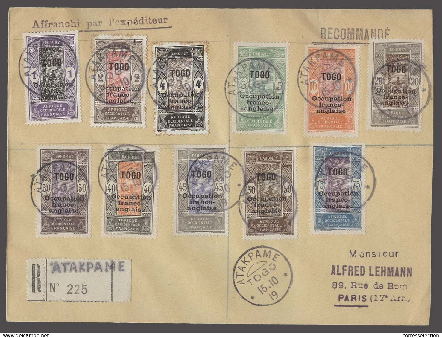 FRC - Togo. 1919 (15 Oct). Atakpame - France. Anglo French Occup. Reg Multifkd Env Ovptd Issue Via Cotonou - Gran Popo - - Sonstige & Ohne Zuordnung