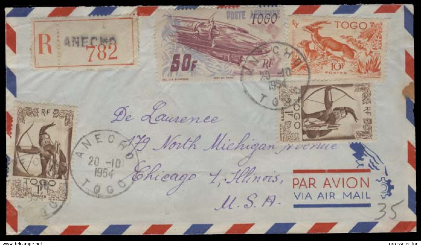 FRC - Togo. 1954 (20 Oct). Anecho - USA (24 Oct). Reg Env Multifkd Env. Fine. High Values Icnl 50fr / Fanna. - Sonstige & Ohne Zuordnung