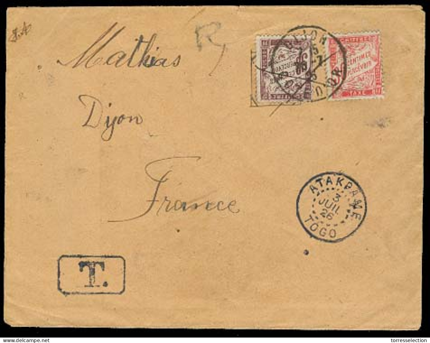 FRC - Togo. 1926 (3 July). Atakpame - France. Multifkd Taxed Mail + 2 French P Dues 80c Rate / Tied Cds + Aux Marks 2 X  - Altri & Non Classificati
