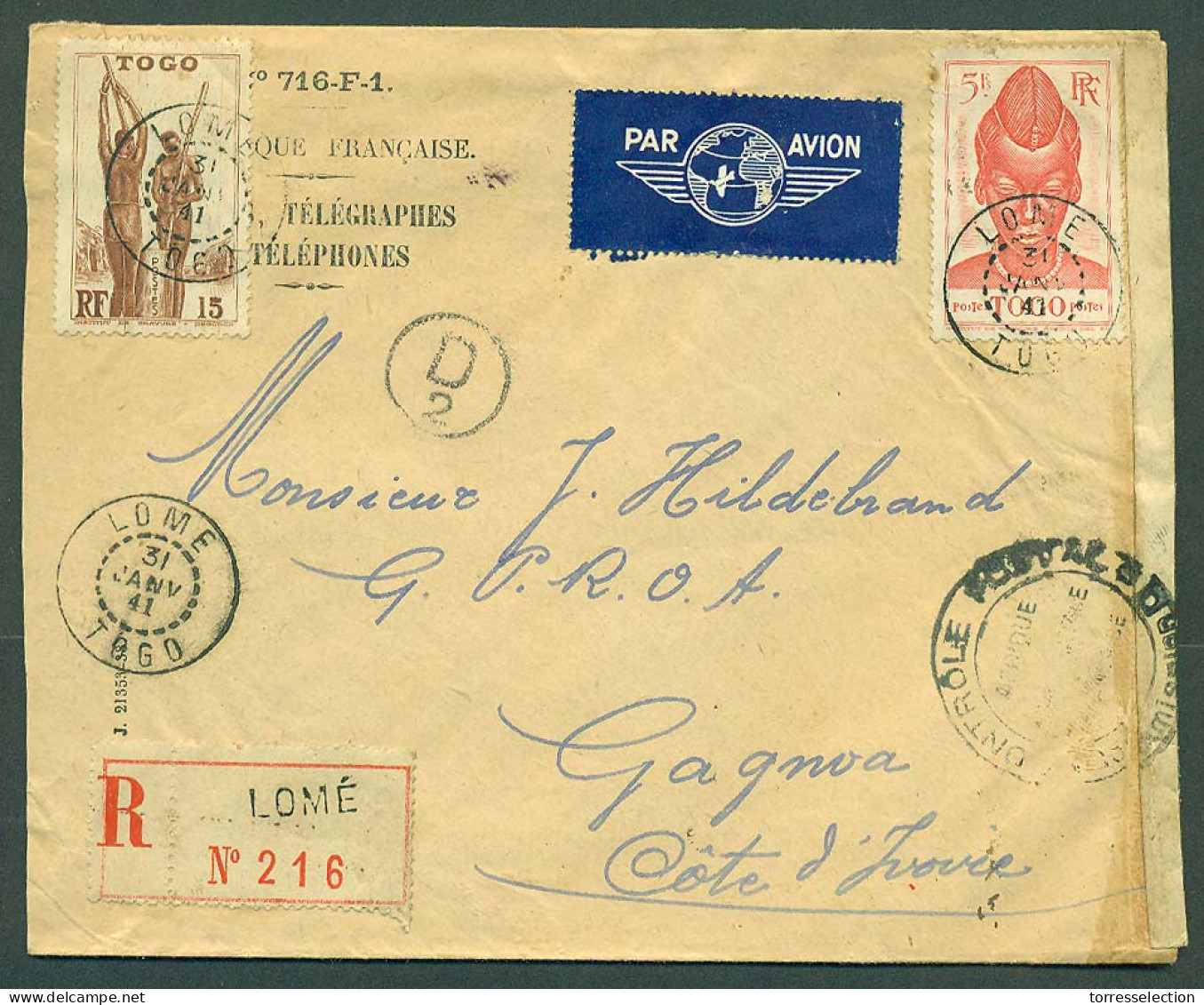 FRC - Togo. 1941 (31 Jan). Lome - Ivory Coast / Gagnoa. Reg Fkd Air Env + Censored. Fine. Interafrican Dest Mail. - Otros & Sin Clasificación