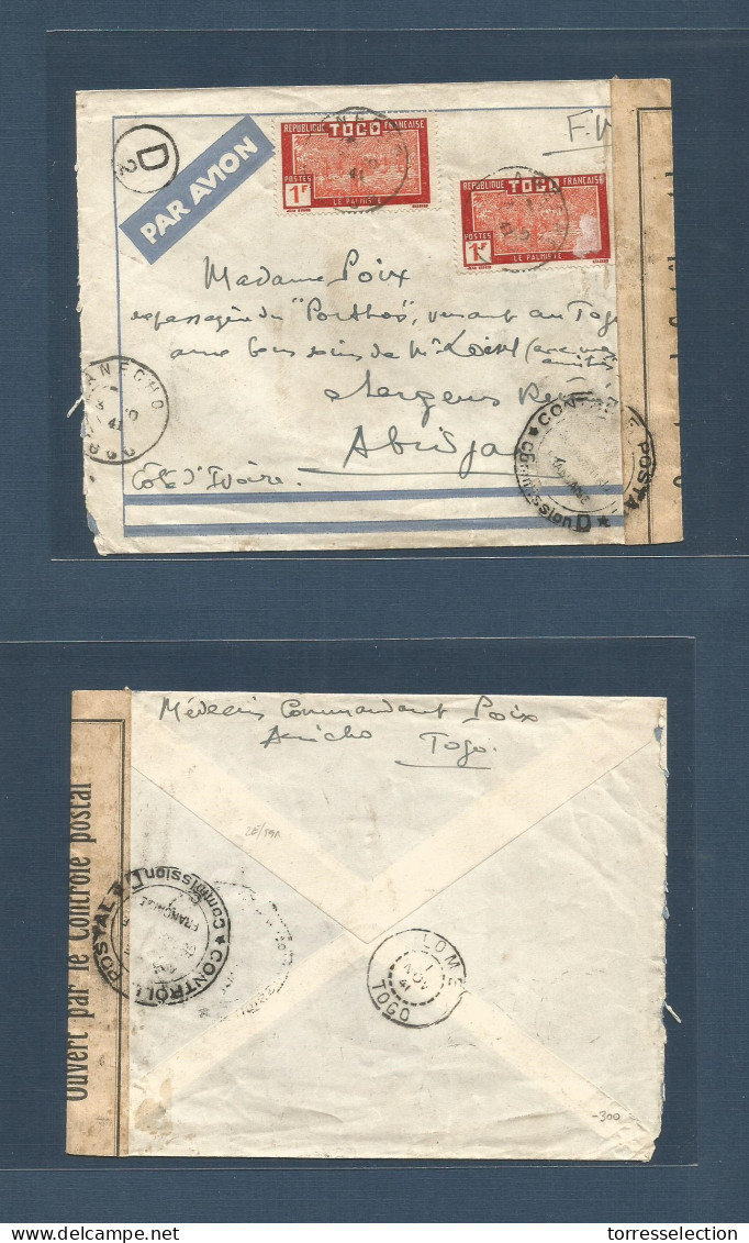 FRC - Togo. 1941 (3 Oct) Anecho - Abidjan, Ivory Coast. Air Multifkd + Dual Censored Envelope. VF + Scarce Postal WWII L - Autres & Non Classés