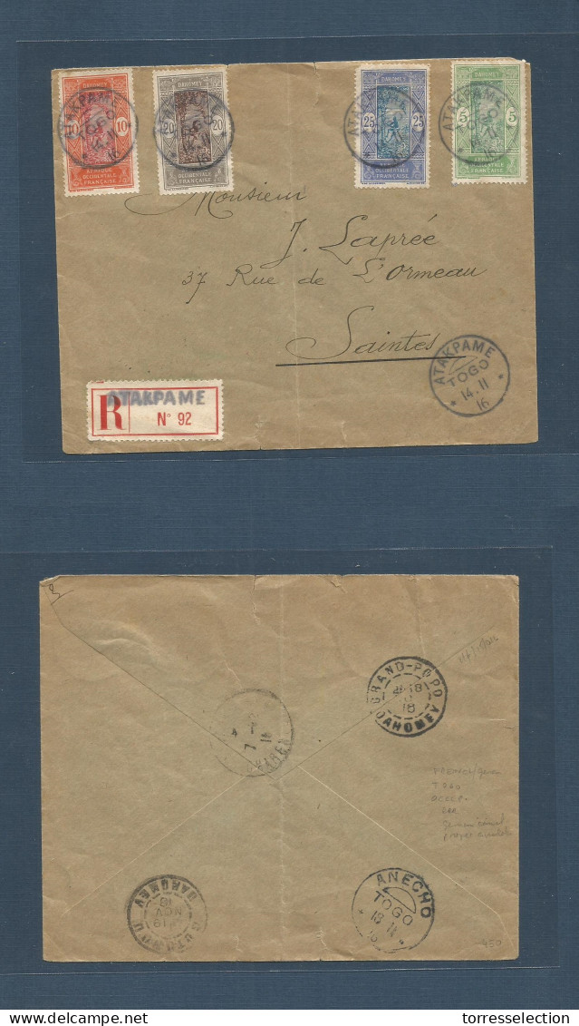 FRC - Togo. 1916 (14 Nov) German Togo. French Occupation Of Togo. Atakpame - Saintes, France (7 Dec) Dahomey Stamps. Ove - Autres & Non Classés