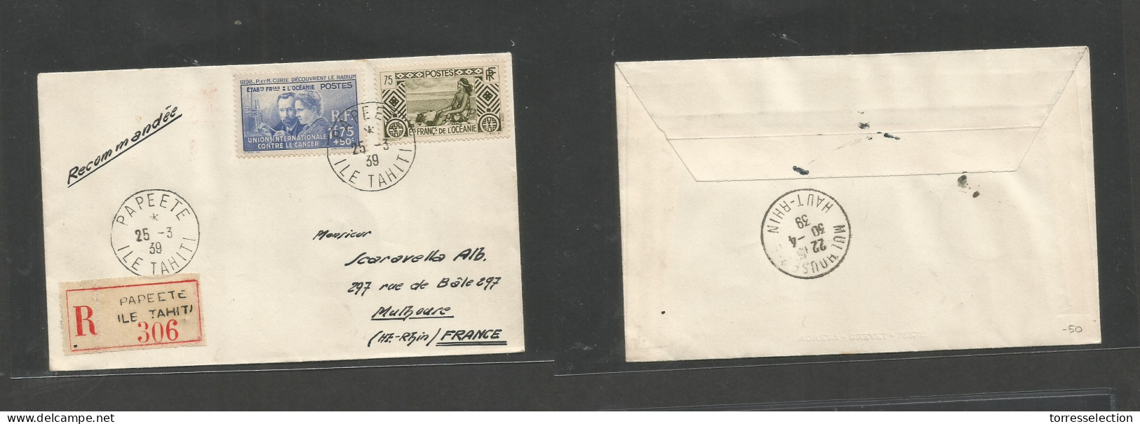 FRC - Tahiti. 1939 (25 March) Papeete - France, Mulhouse (30 Apr) Registered Multifkd Env, R-label, Cds. Fine. - Sonstige & Ohne Zuordnung