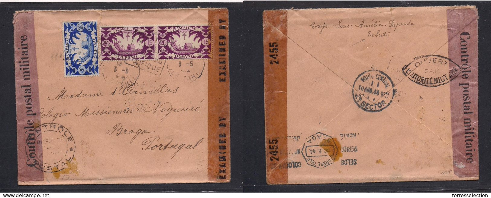 FRC - Tahiti. 1944 (3 May) Papete - Portugal, Braga (10 Aug 44) Multifkd Env, Dual Censor Via Lisbon. Oceanie Stamps. Ra - Autres & Non Classés