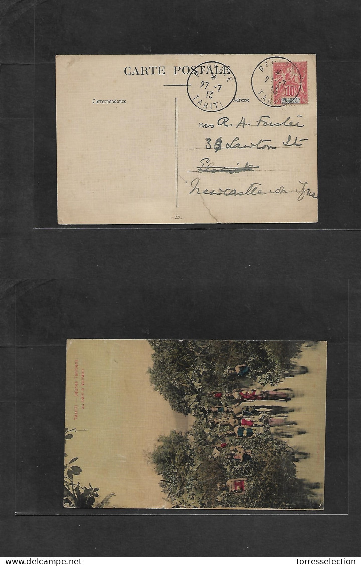 FRC - Tahiti. 1913 (27 July) Papeete - UK, Newcastle. Fkd Ppc Local Aborigens In Bath. 10c. General Issue, Tied Cds. - Sonstige & Ohne Zuordnung