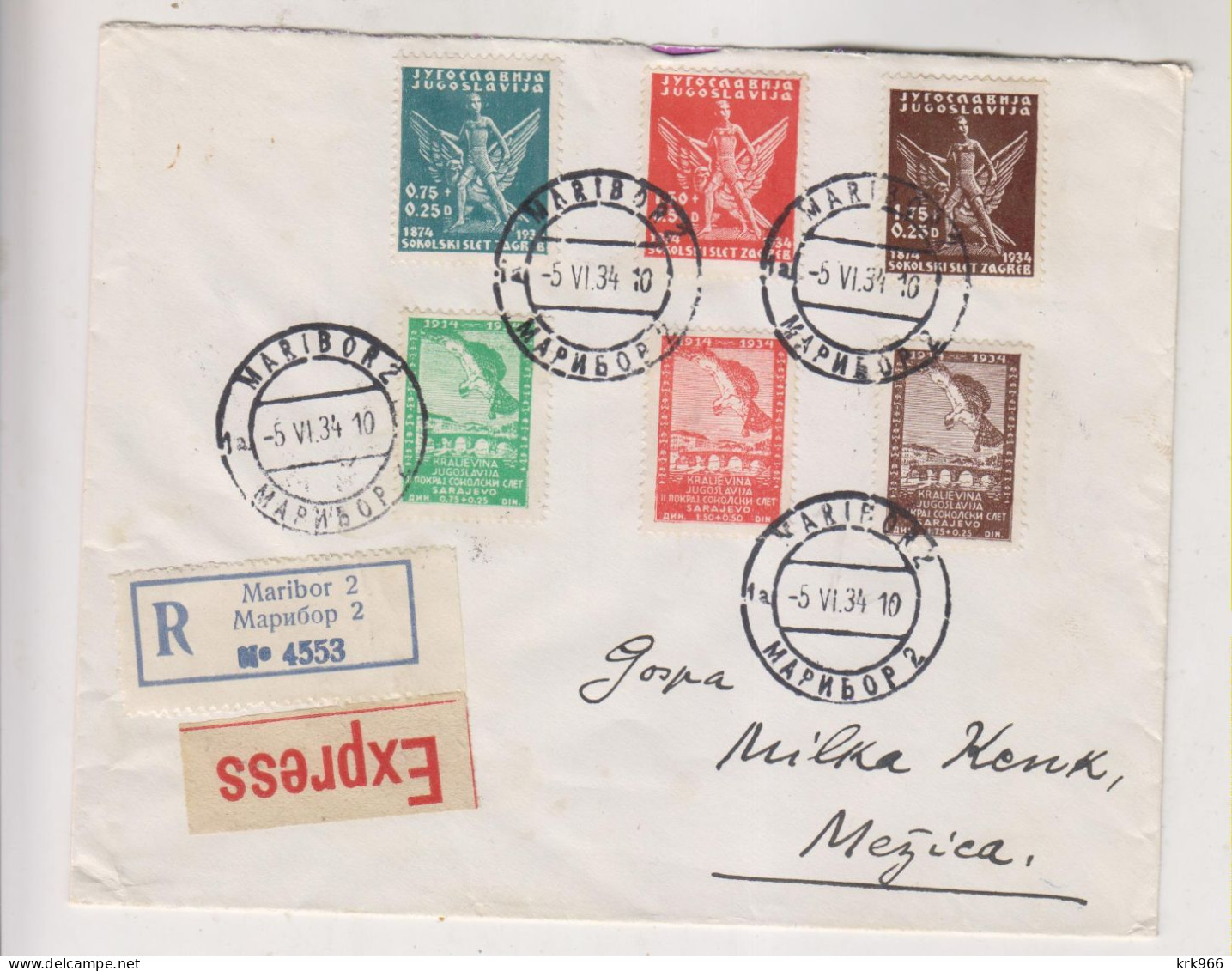 YUGOSLAVIA 1934 MARIBOR  Registered  Priority Cover To MEZICA SOKOL FALCON - Covers & Documents