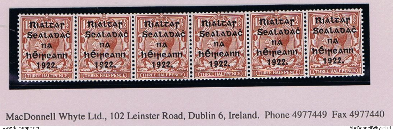 Ireland 1922 Harrison Rialtas 5-line Coils, 1½d Horizontal Strip Of 6 Fresh Mint Unmounted - Ungebraucht