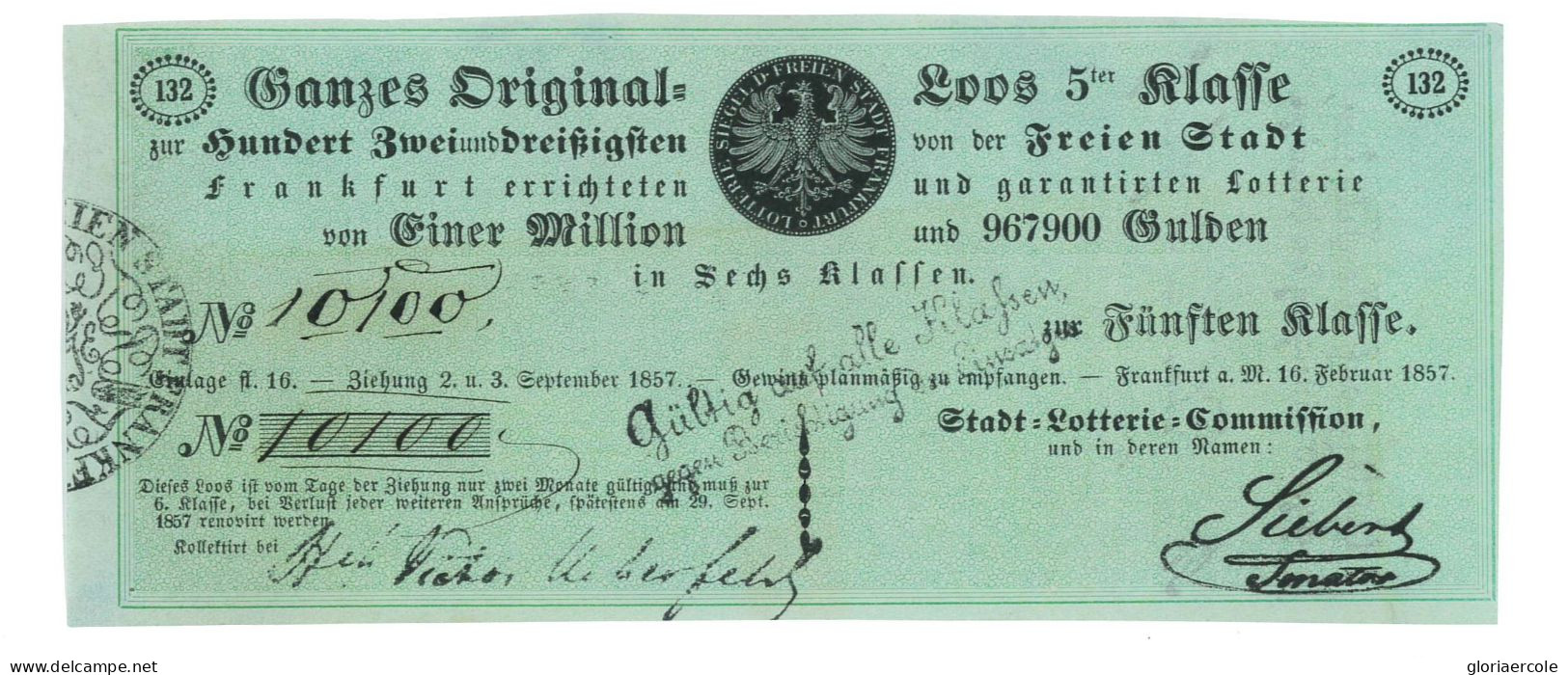 P2733 - GERMANY, FRANKFURTER LOTTERIE 1857 VERY RARE AND ATTRACTIVE PIECE - Unclassified