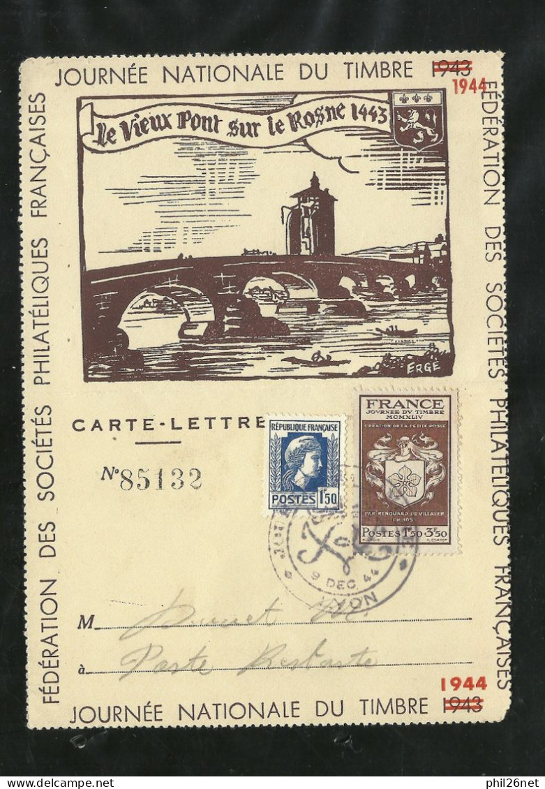 Carte Lettre Illustrée Repiquée 1944 Lyon N° 668 & 639  Cachets Illustrés Journée Timbre 10/10/1944 B/TB Voir Scans ! - ....-1949