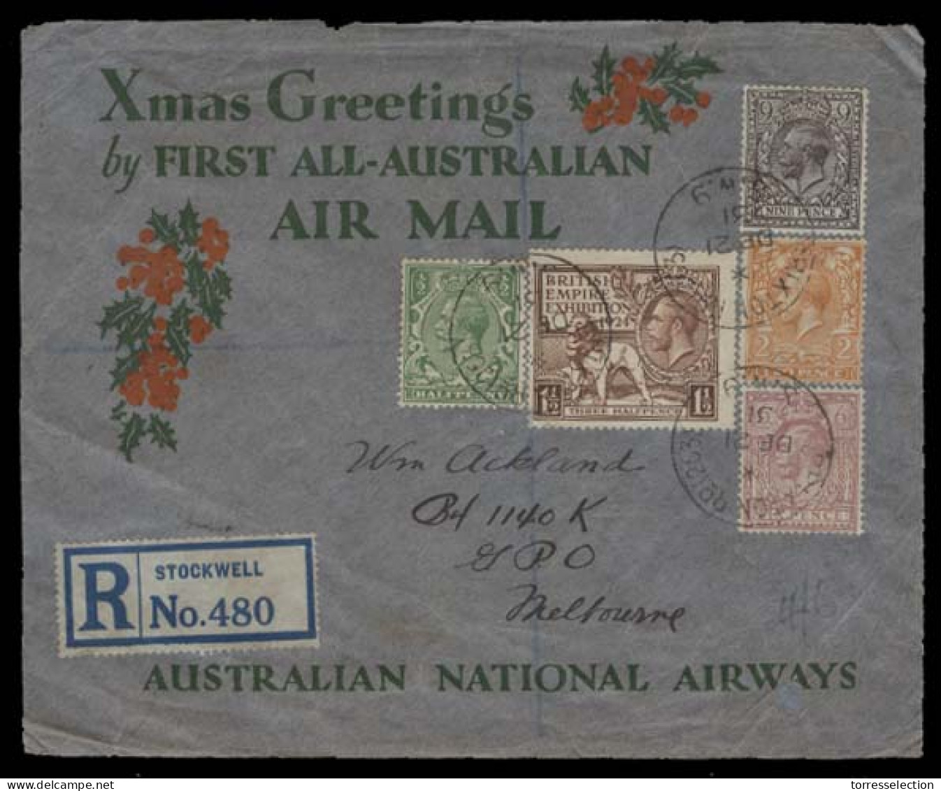 Great Britain - XX. 1931 (21 Dec). Stockwell - Australia (22 Jan). Reg First Australian Christmas Flight. Color Multifkd - ...-1840 Voorlopers