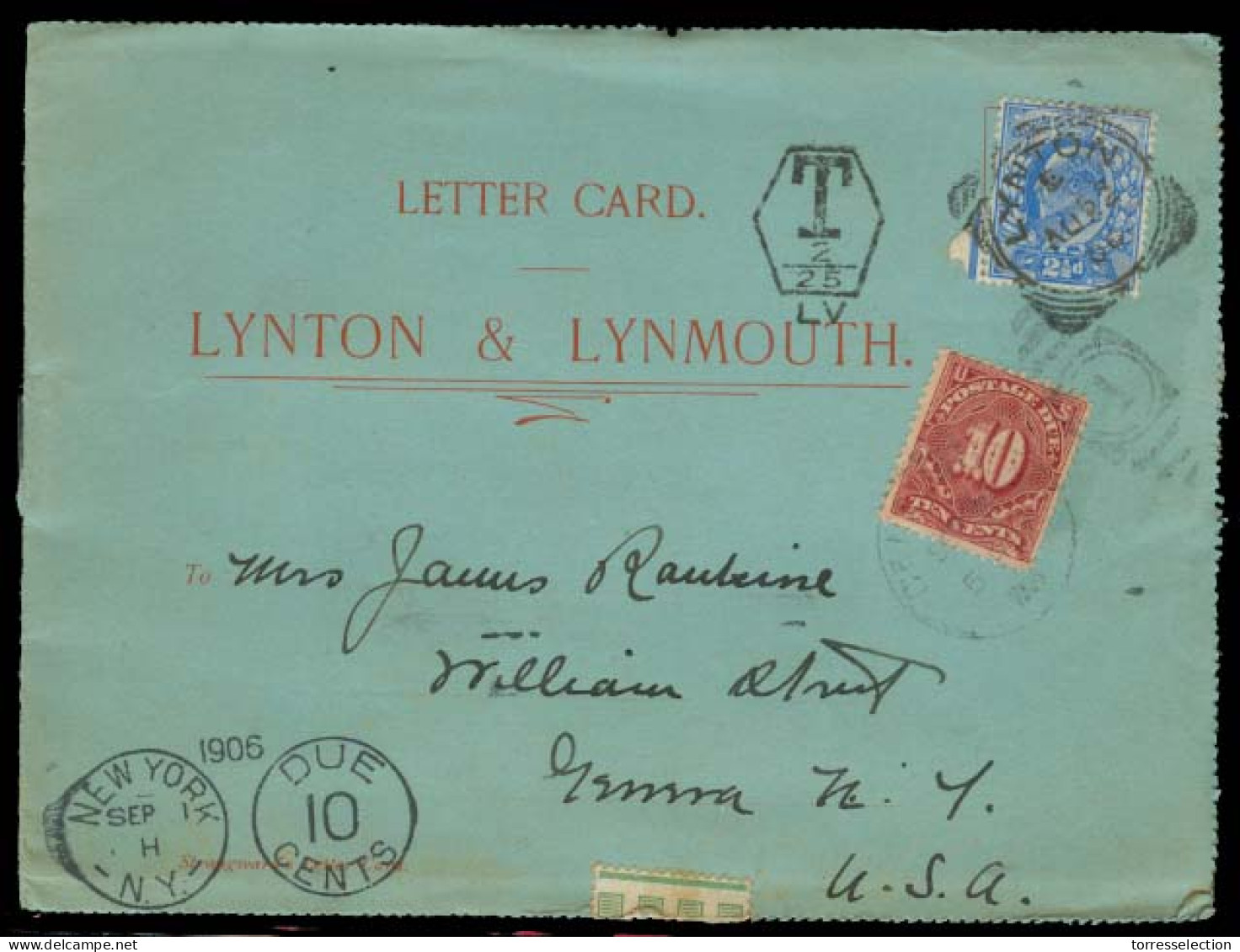 Great Britain - XX. 1905 (22 Aug). Lynton - USA. Fkd Letter + US Tax P Due / Tied + Aux Mark. Fine. - ...-1840 Préphilatélie