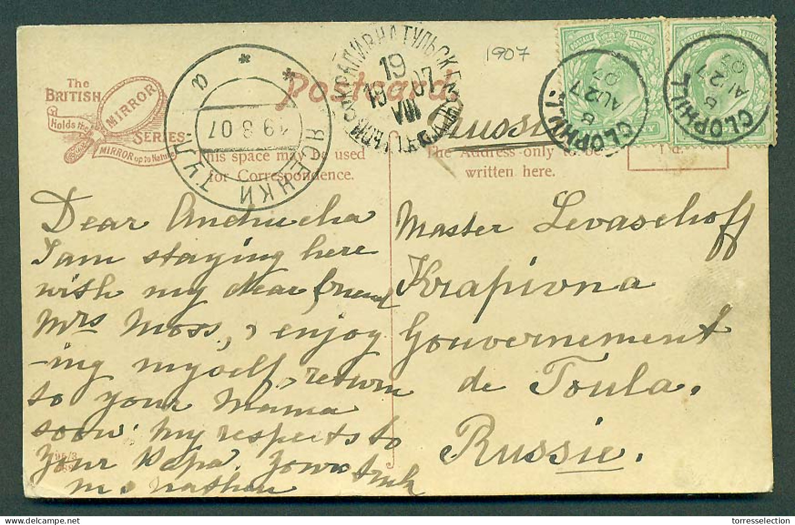 Great Britain - XX. 1907 (27 Aug). Clophill - Toula Goverment / Rusia. Fkd P Card With Transit + Arrival Alongside. VF. - ...-1840 Préphilatélie