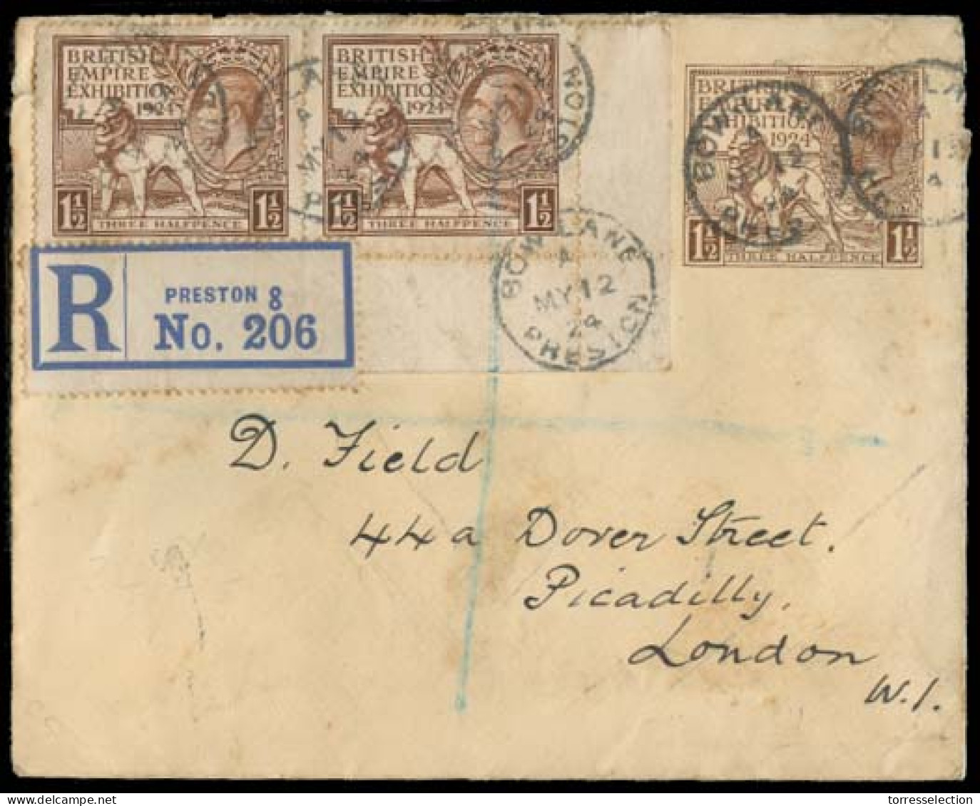 Great Britain - XX. 1924 (13 May). Preston 8 / Bowland - London. Reg 1 1/2d. British Empire Exhibition Stat Env + 2 Adtl - ...-1840 Voorlopers