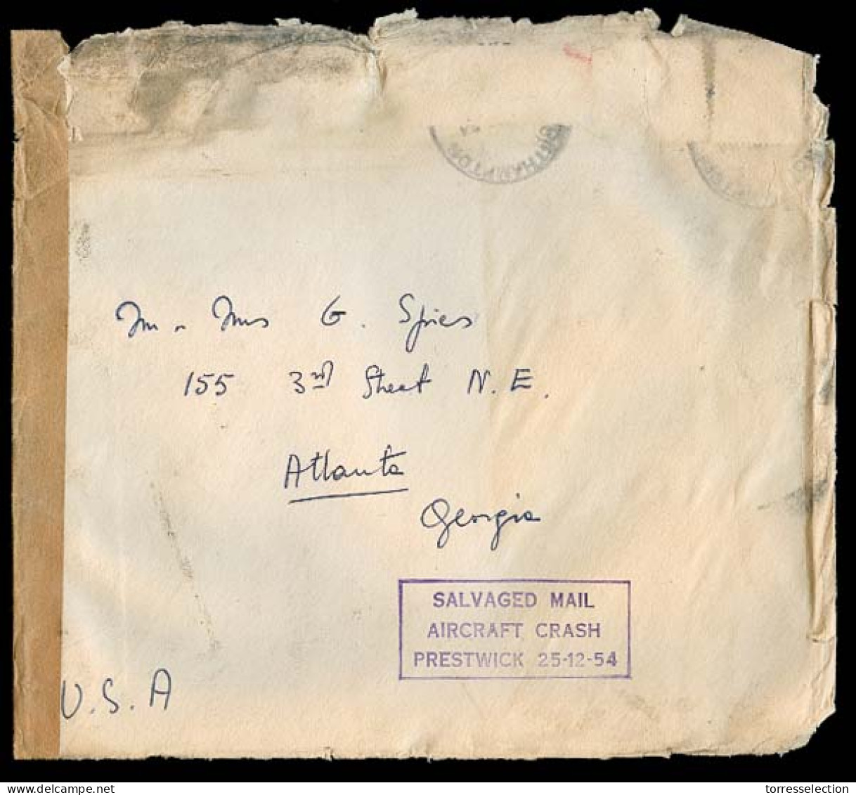 Great Britain - XX. 1954 (Dec). Prestwick Crash Air Mail. Northampton - USA. Salvaged Env / Special Cachet On Front. - ...-1840 Préphilatélie
