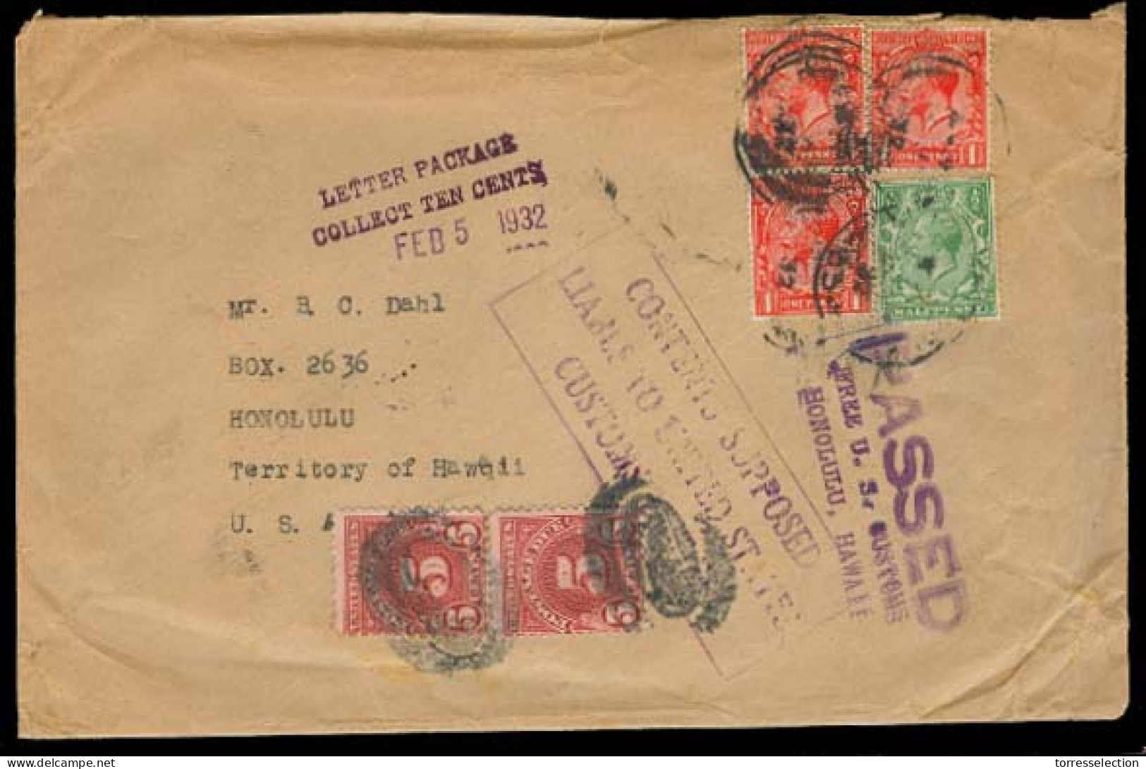 Great Britain - XX. 1932 (13 Jan). Multifkd Env To Hawaii, Taxed + Aux Marks + 5c P Due Pair / Tied Fancy Cork Letter. F - ...-1840 Préphilatélie