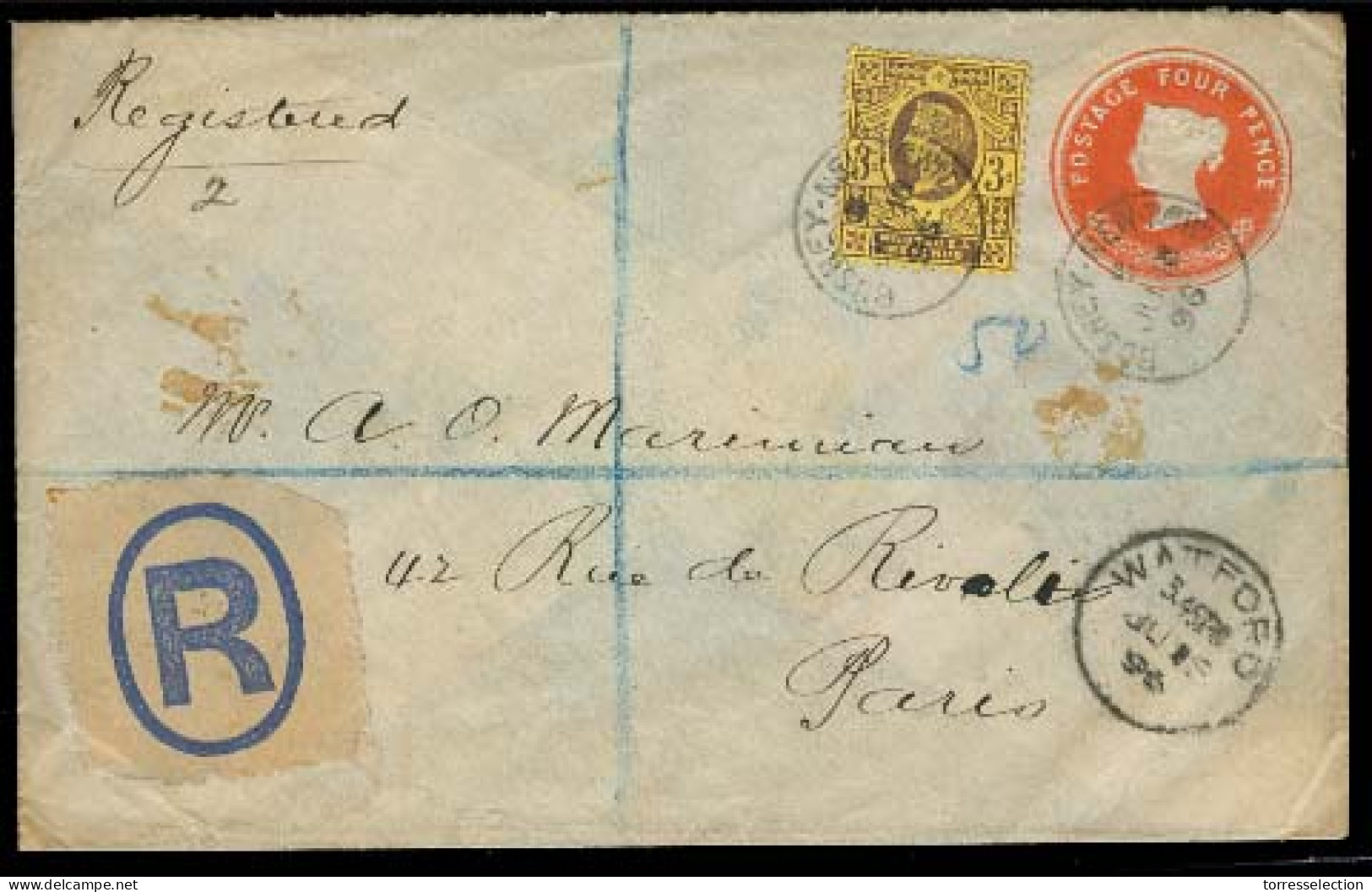 Great Britain - XX. 1896. Bushey New Town - France. Reg 4d Stat Env + 3d Adtls. Via Walford. Fine. - ...-1840 Préphilatélie