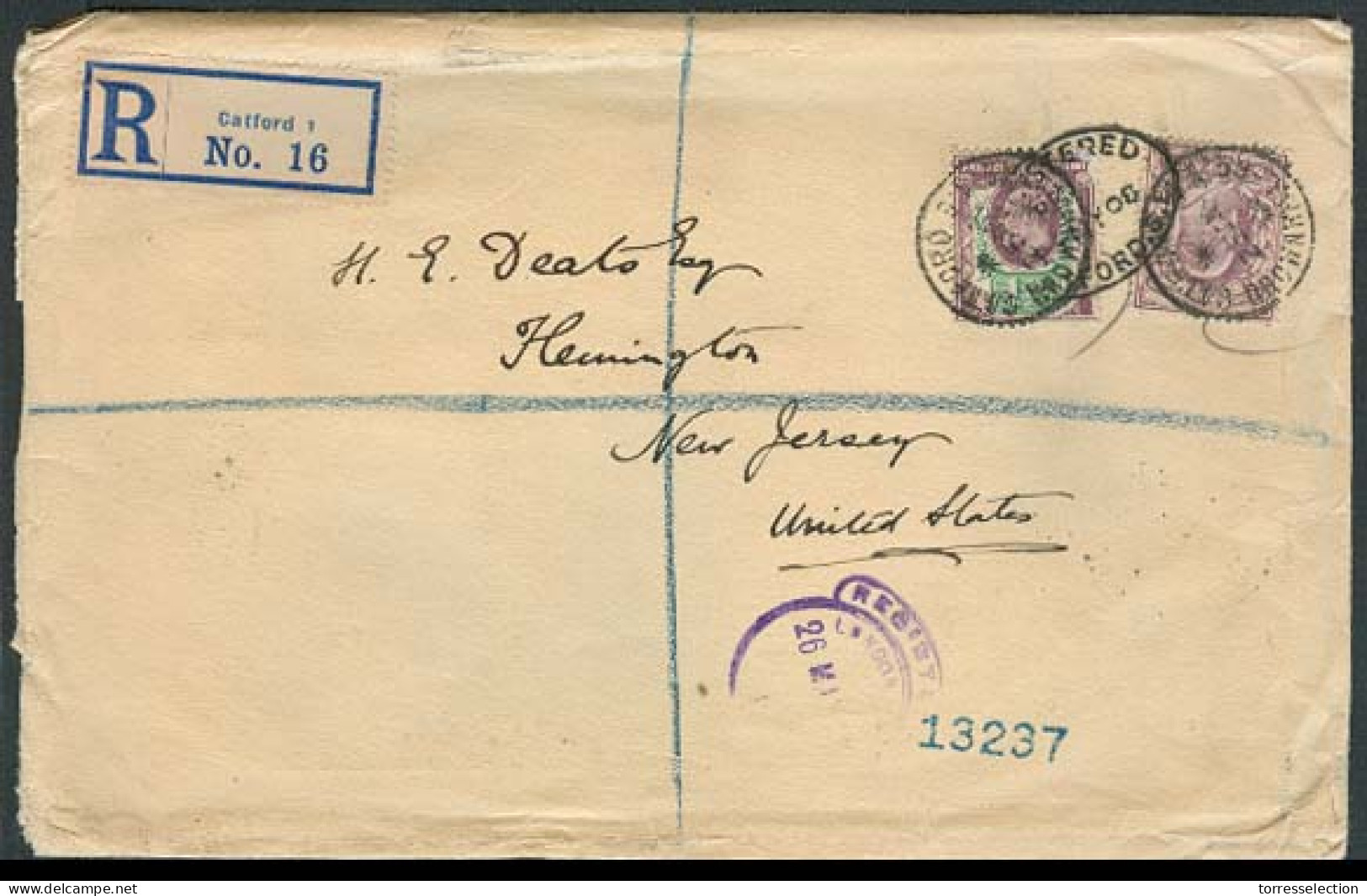 Great Britain - XX. 1908. Catford - USA. Reg Fkd Env. Incl 6d. - ...-1840 Voorlopers