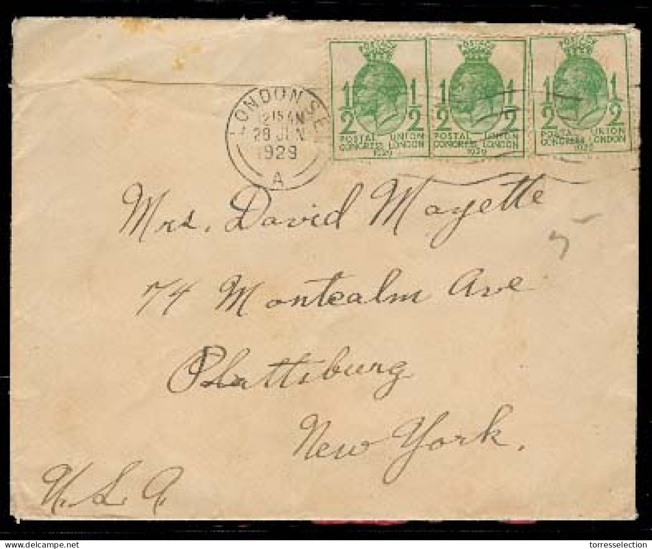 Great Britain - XX. 1929 (28 June). London - USA. Env Fkd 1/2d X3. Postal Congress. - ...-1840 Voorlopers