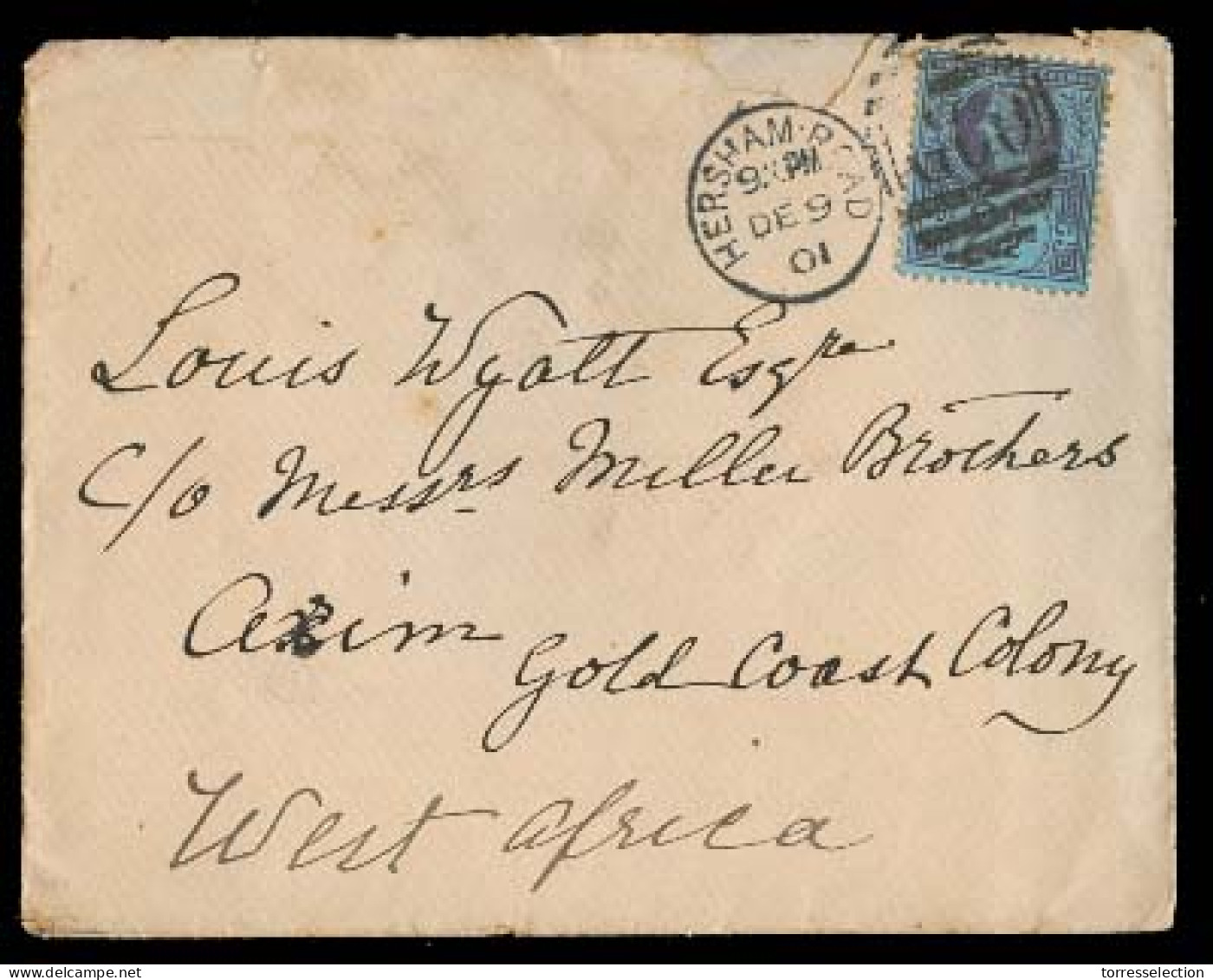 Great Britain - XX. 1901. Hersham Rd - Gold Coast / Axim. Env Fkd 2 1/2d. Fine. - ...-1840 Préphilatélie