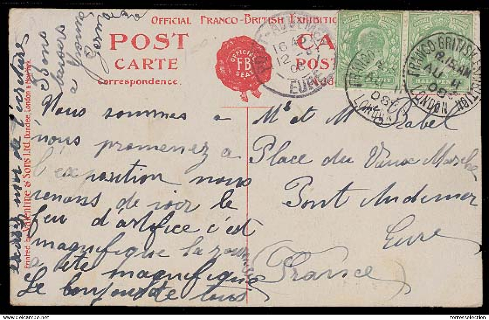 Great Britain - XX. 1908. Franco - British Exhibition. Fkd Card To France / Special Cds. - ...-1840 Préphilatélie