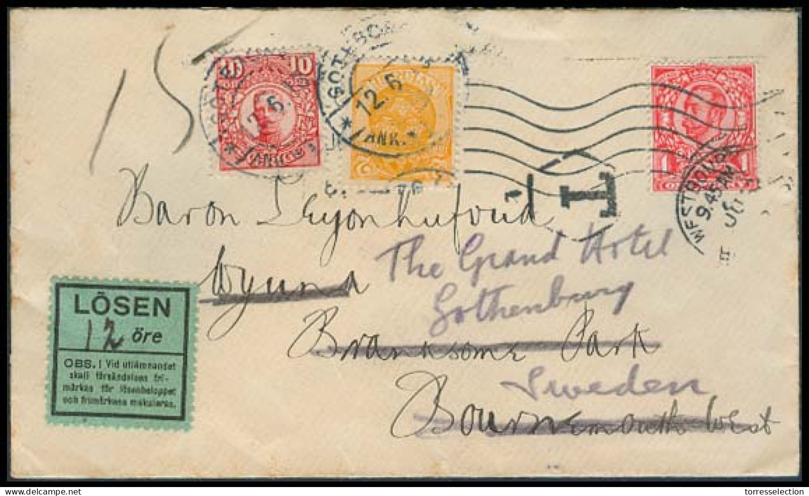 Great Britain - XX. 1913. GB - Sweden. Fkd Env + Taxed + Swedish Label Due + 12 Ore Stamps Tied Cds Nice Comb. - ...-1840 Voorlopers