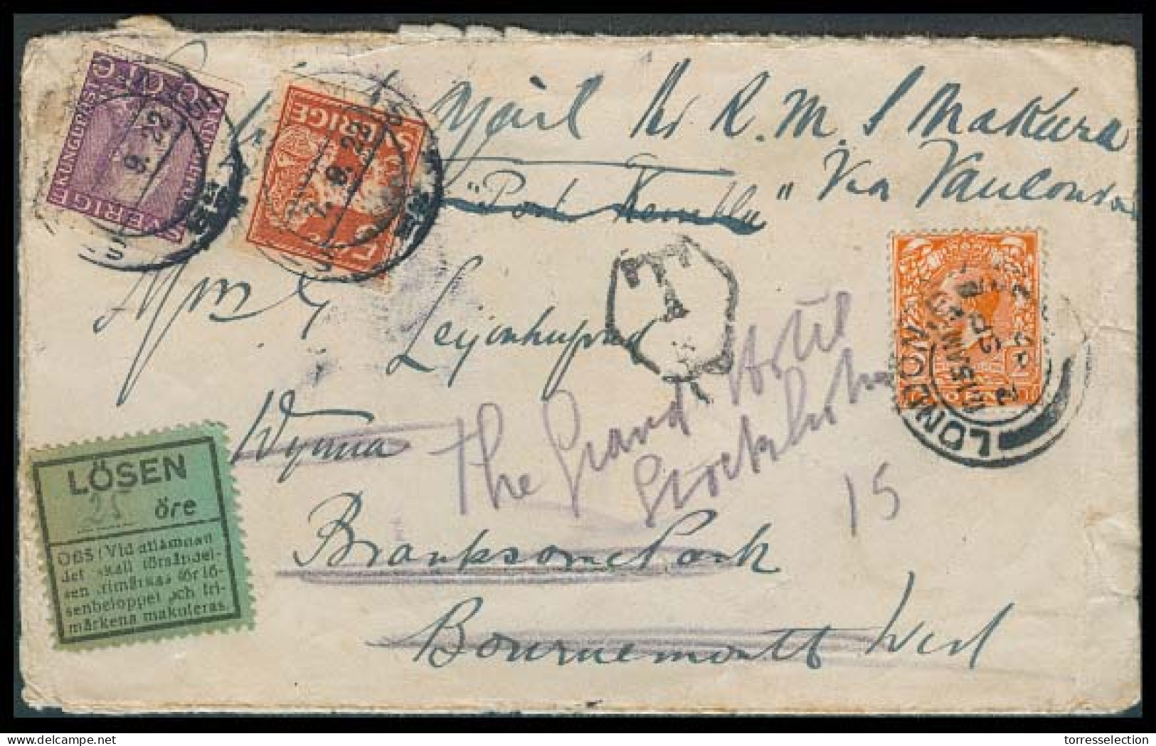 Great Britain - XX. 1922. GB - Sweden. London - Stockholm. Fkd Env + Taxed + T Label + 2 Swedish Stamps / Cds. Scarce Co - ...-1840 Préphilatélie