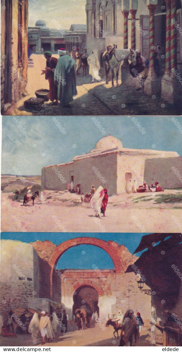 Orientalism 8 Art Cards Arabic Coffee Shop, Mosque , Bazar , Sweet Seller , Street Scenes , Moorish Gate , Tumb - Ante 1900