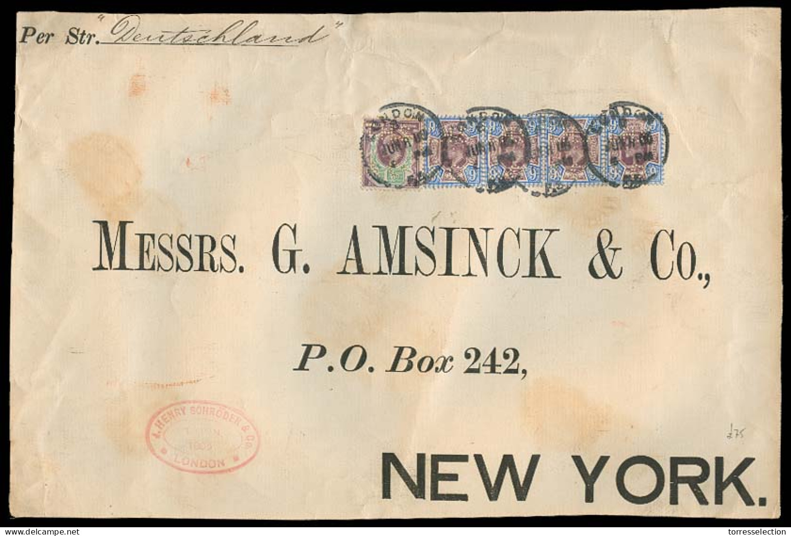 GREAT BRITAIN. 1905. London - USA. Fkd Front Bearing 1 1/2d + 9d Strip Of 4 Perfin. Per "St Deutschland". Very High Fkg. - ...-1840 Voorlopers