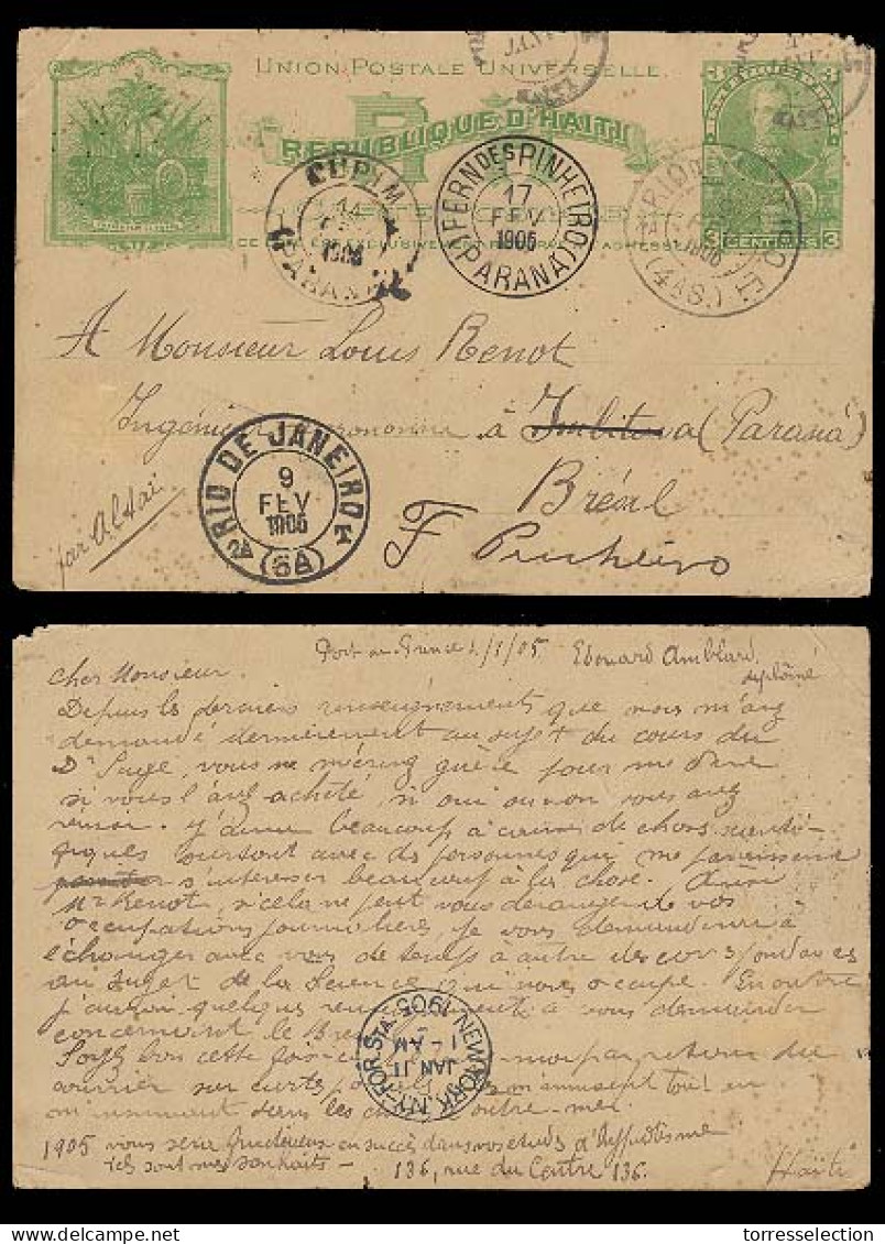 HAITI. 1905. Port Prince - Brazil. 3c Green Stat Card Via Rio Janeiro, Cupim And Fernando Pinheiro / Parana. Superb Earl - Haiti