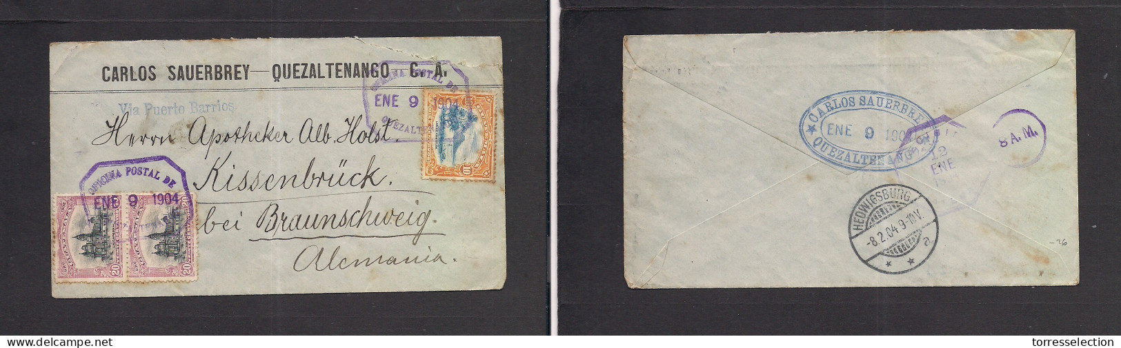 GUATEMALA. 1904 (9 Ene) Quezaltenango - Germany, Braunschweig (8 Feb) Multifkd Envelope, Box Ds. VF. - Guatemala