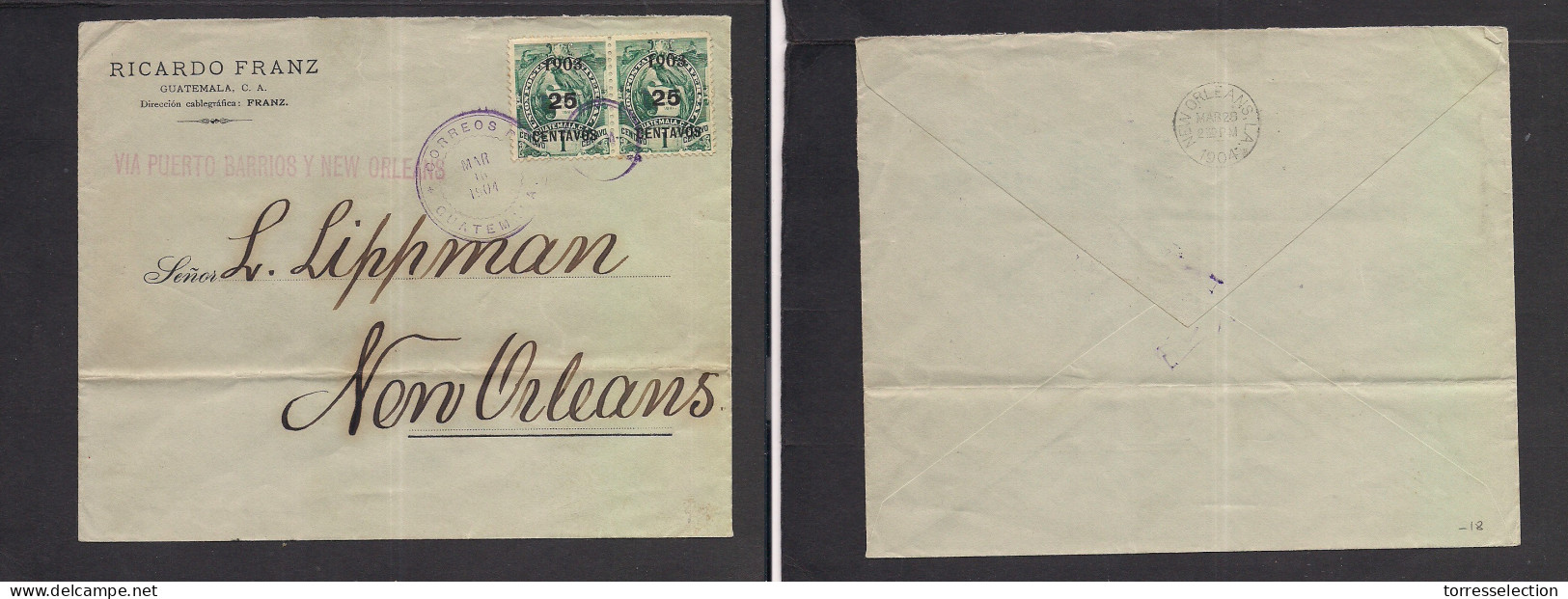 GUATEMALA. 1904 (16 March) GPO - USA, New Orleans Via Puerto Baus. NO Cachet. Multifkd Ovptd Issue Envelope. - Guatemala