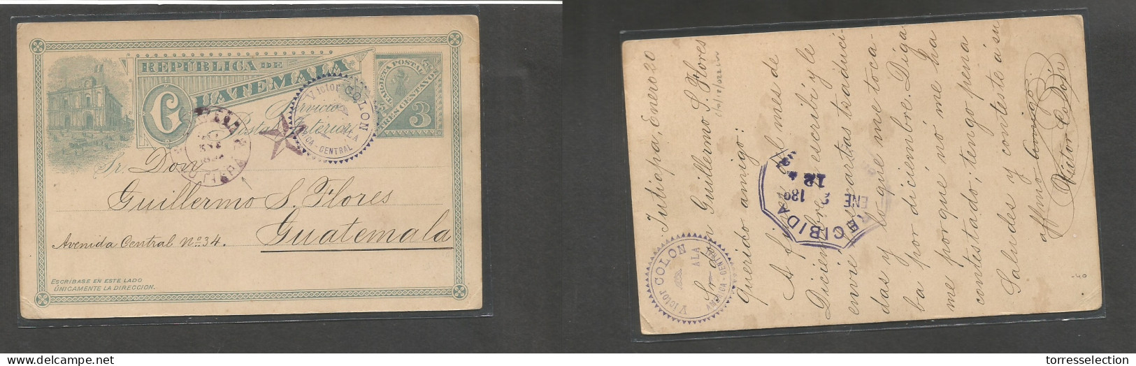 GUATEMALA. 1893 (20 Ene) Jutiapa - GPO Capitol. Local 3c Blue Stat Card. Fine Circulated + Better Cds. - Guatemala