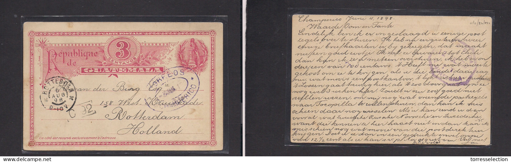 GUATEMALA. 1898 (3-4 June) Champerico - Netherlands, Rotterdam (6 Aug) 3c Red Stat Card, Oval Town Ds. VF Used. - Guatemala