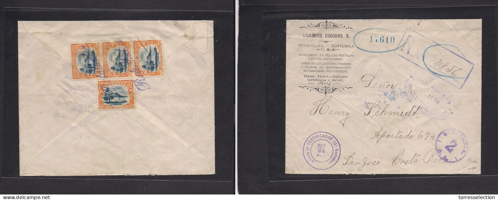 GUATEMALA. 1912 (22 Sept) Retalhuleu - Costa Rica, San Jose (8 Oct) Reverse Registered Multifkd Env, Cancelled Tied Stli - Guatemala